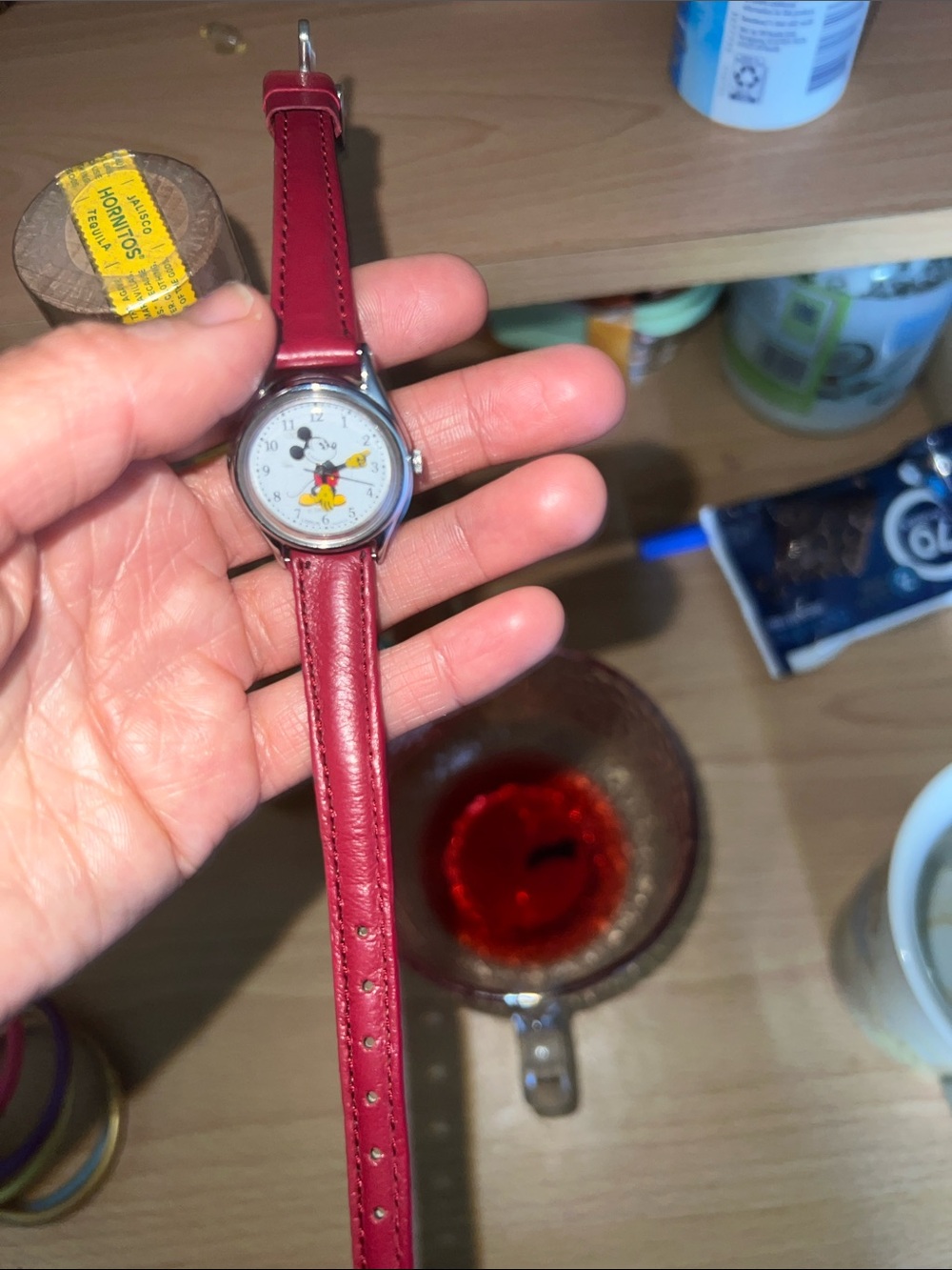 Mickey Mouse Red Leather Strap Watch it’s running